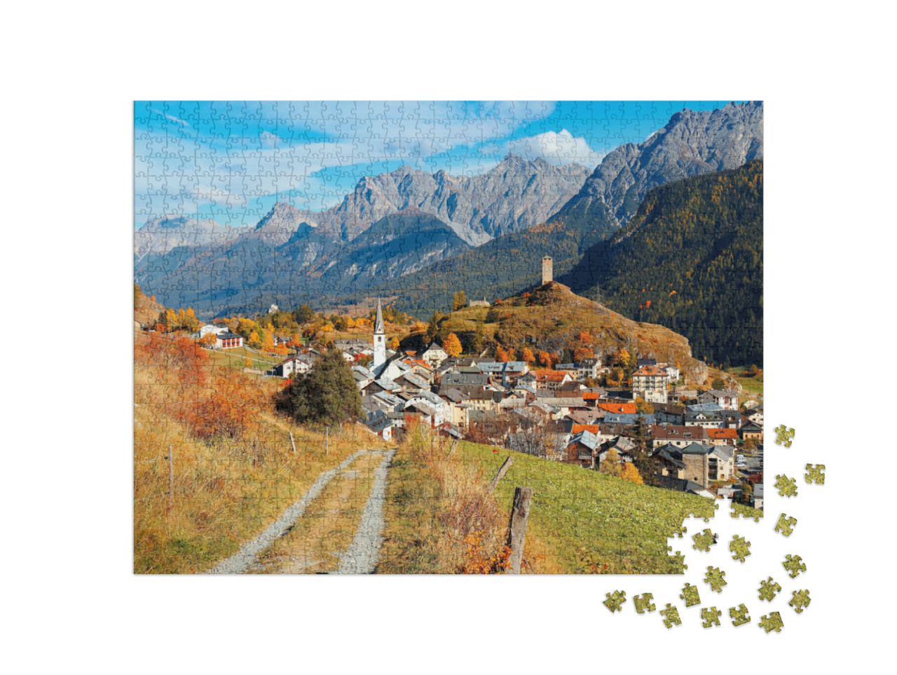 Puzzle de 1000 pièces « Paysage automnal sur un chemin menant au village d'Ardez »