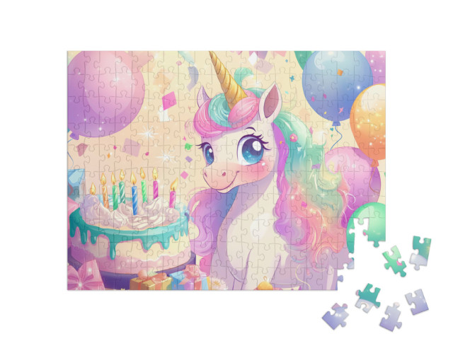 Puzzle de 200 pièces « La licorne Bella fête son anniversaire avec un gâteau et des ballons »