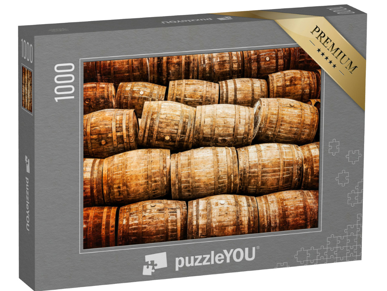 Puzzle de 1000 pièces « Pile de vieux fûts de whisky et de vin de style vintage »