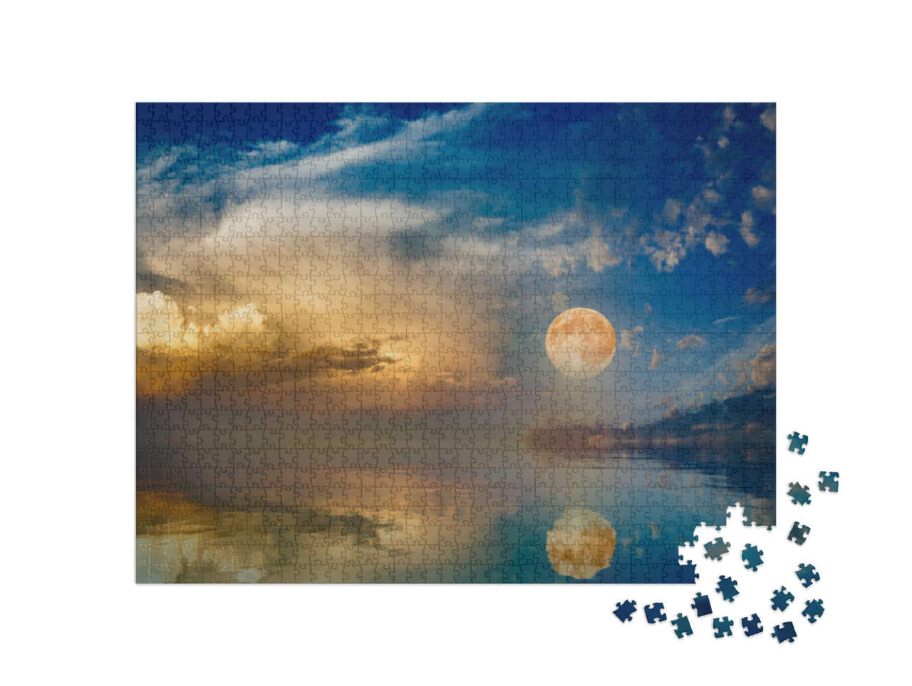Puzzle de 1000 pièces « Pleine lune sur un ciel de coucher de soleil en bord de mer »
