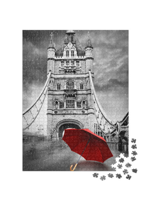 Puzzle de 1000 pièces « Parapluie rouge sur le Tower Bridge à Londres, noir et blanc »