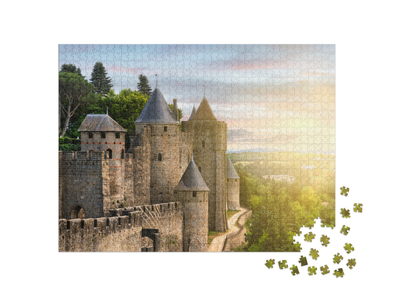 Puzzle de 1000 pièces « Vue sur la Cité fortifiée de Carcassonne en France - ciel de coucher de soleil »