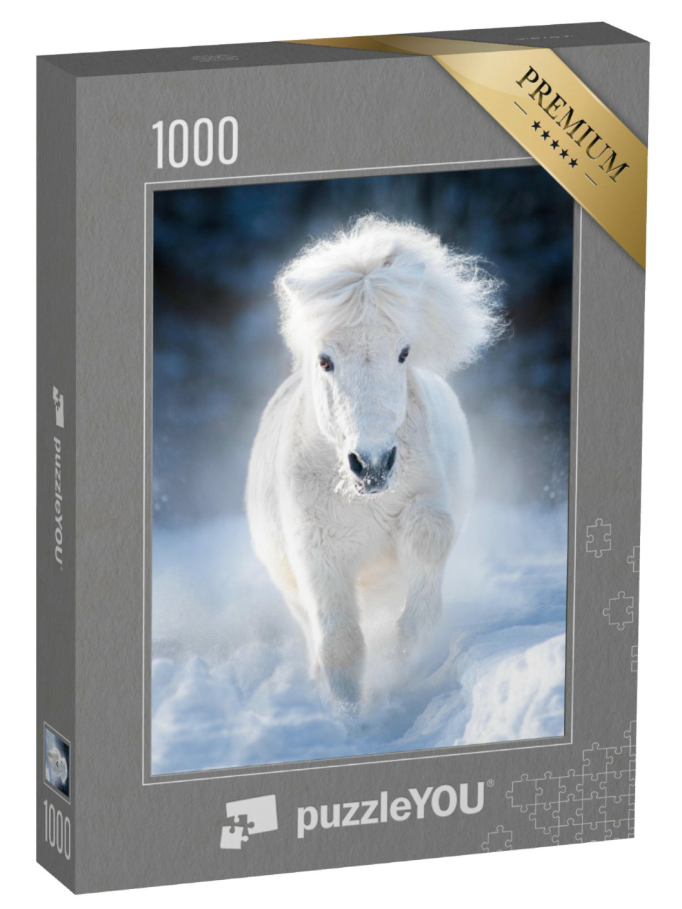 Puzzle de 1000 pièces « Poney Shetland blanc et moelleux au galop dans une prairie hivernale »