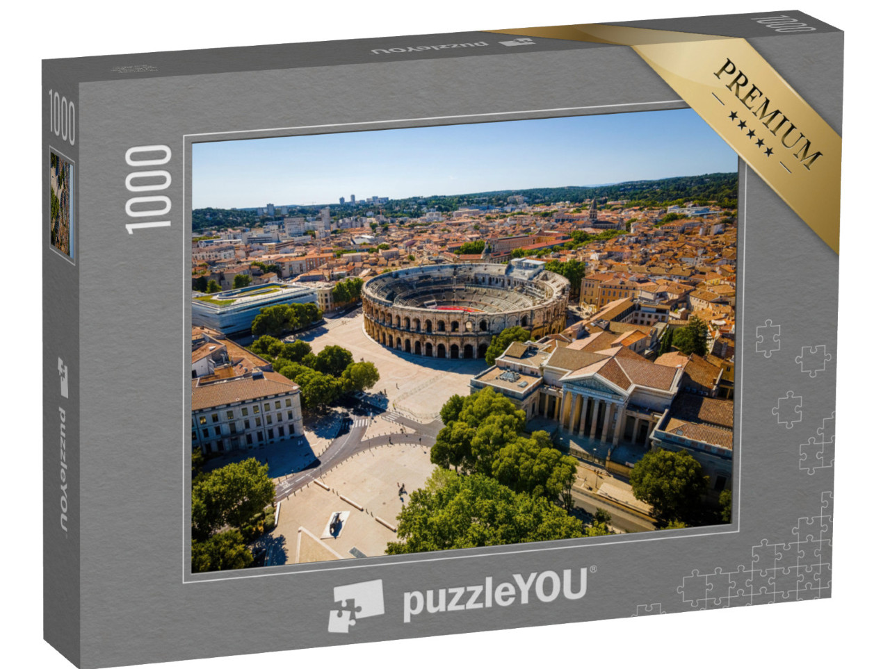 Puzzle de 1000 pièces « Vue aérienne des arènes de Nîmes, une ancienne ville romaine de la région Occitanie dans le sud de la France »