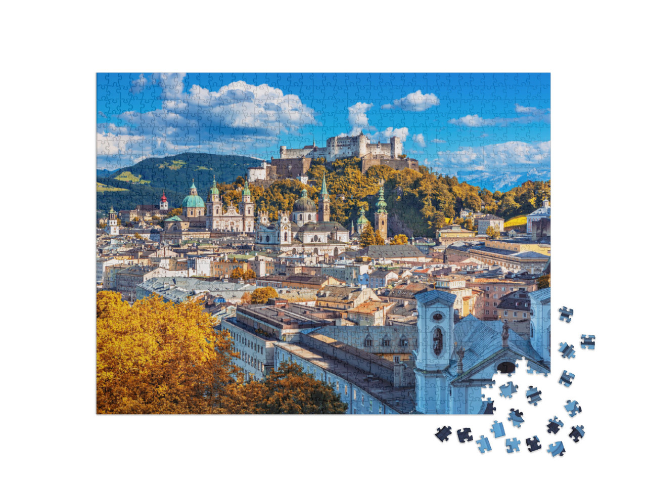 Puzzle de 1000 pièces « Skyline de Salzbourg avec la forteresse Hohensalzburg en automne, Autriche »