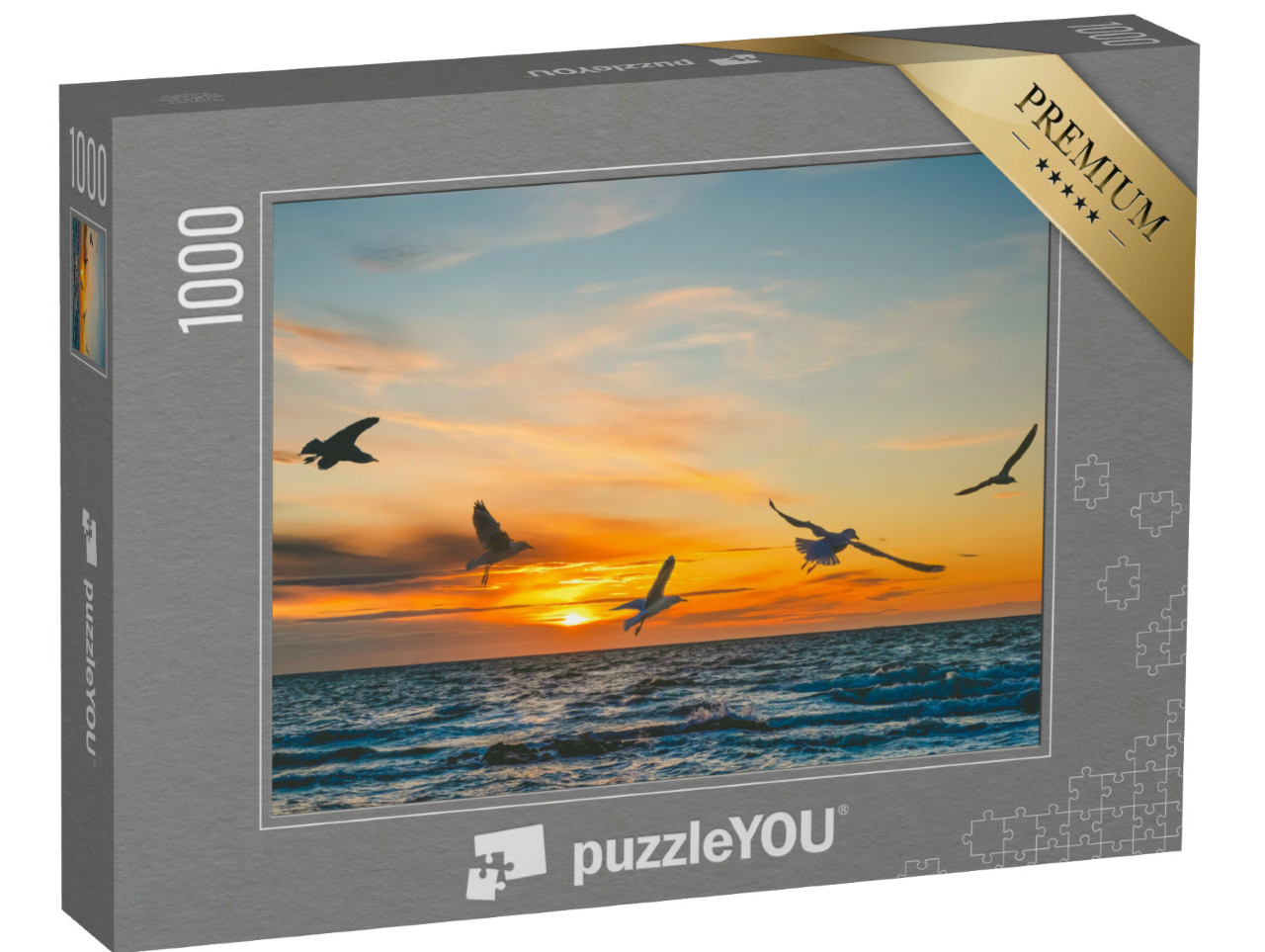 Puzzle de 1000 pièces « Mouettes en vol au coucher du soleil sur la mer »