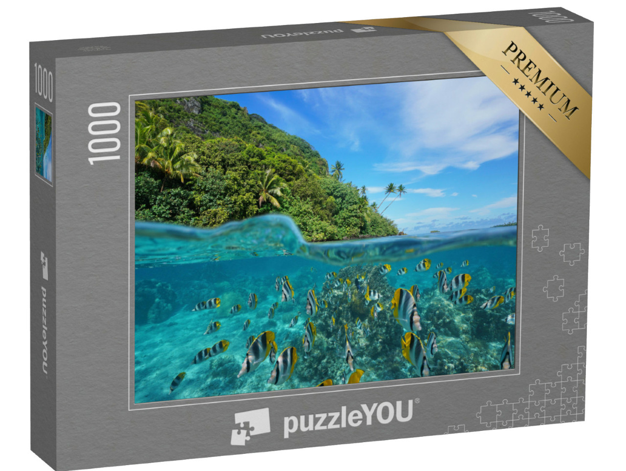 Puzzle de 1000 pièces « Poissons tropicaux sur et sous l'eau, Huahine, Océan Pacifique »