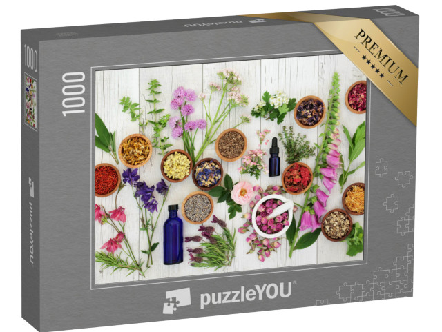 Puzzle de 1000 pièces « Sélection d'herbes et de fleurs dans des coupes en bois »