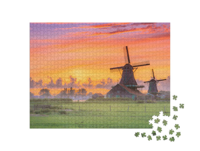 Puzzle de 1000 pièces « Moulins à vent au coucher du soleil, Pays-Bas »