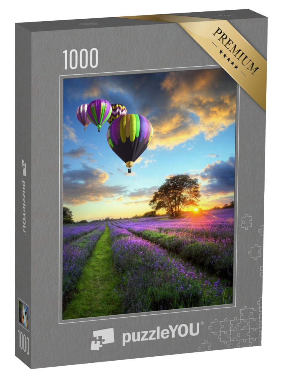 Puzzle de 1000 pièces « Montgolfières au-dessus d'un champ de lavande dans la lumière du soir »