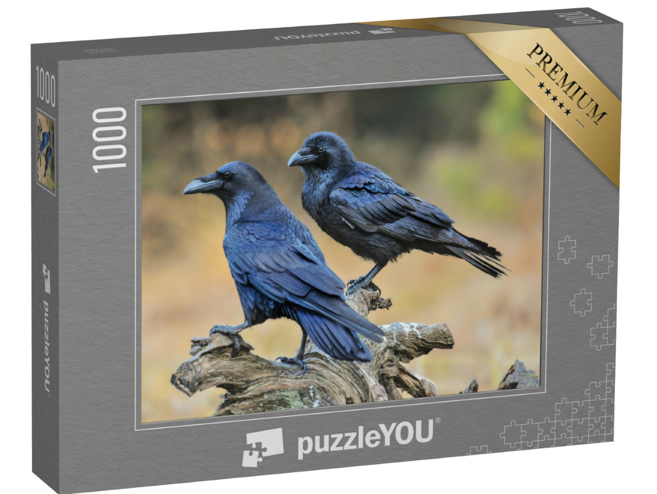 Puzzle de 1000 pièces « Deux grands corbeaux sur une souche d'arbre »