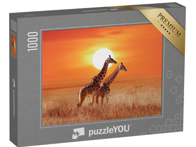 Puzzle de 1000 pièces « Girafes dans un coucher de soleil rougeoyant, parc national du Serengeti »