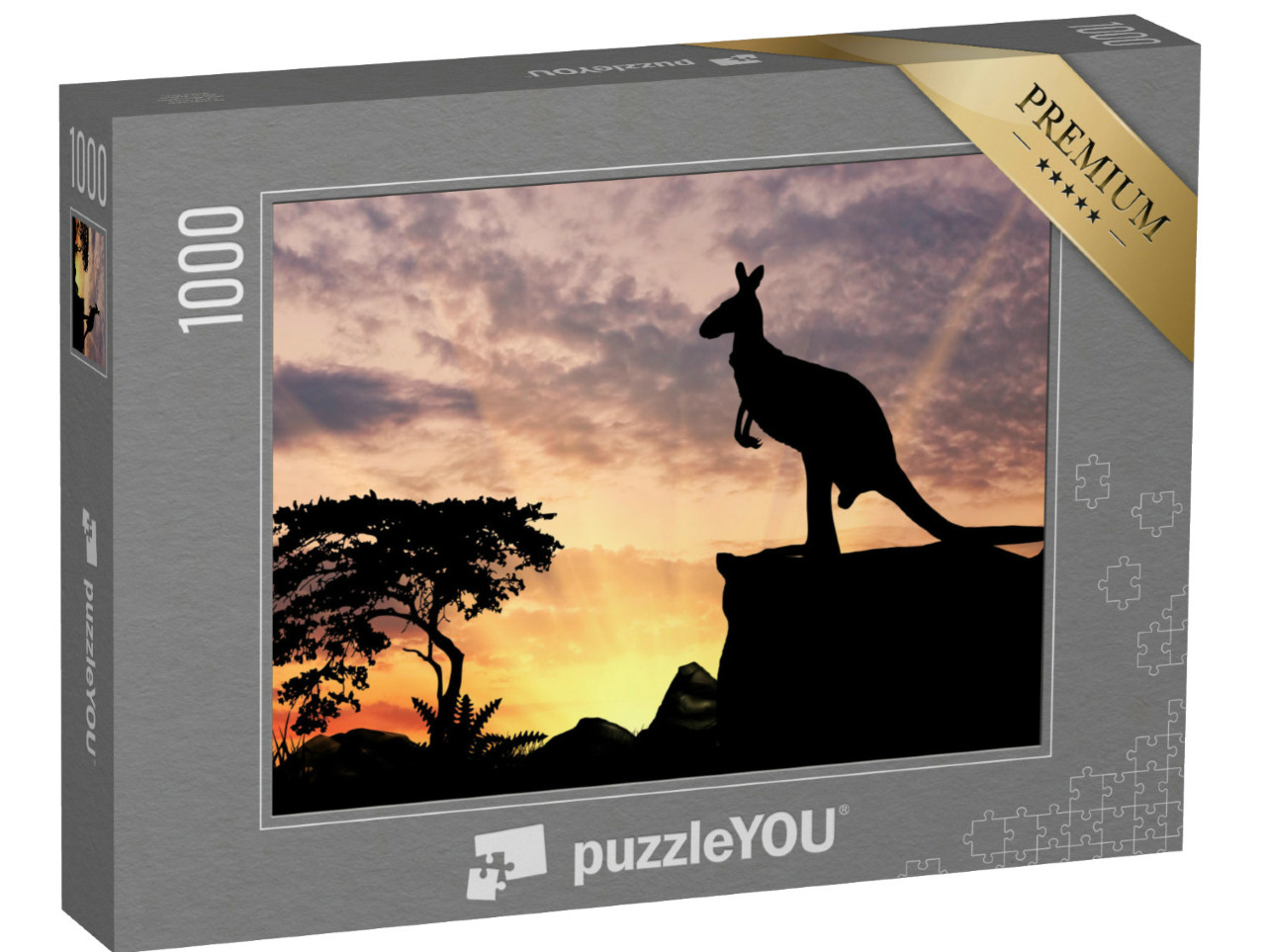 Puzzle de 1000 pièces « Silhouette d'un kangourou sur une colline au coucher du soleil »