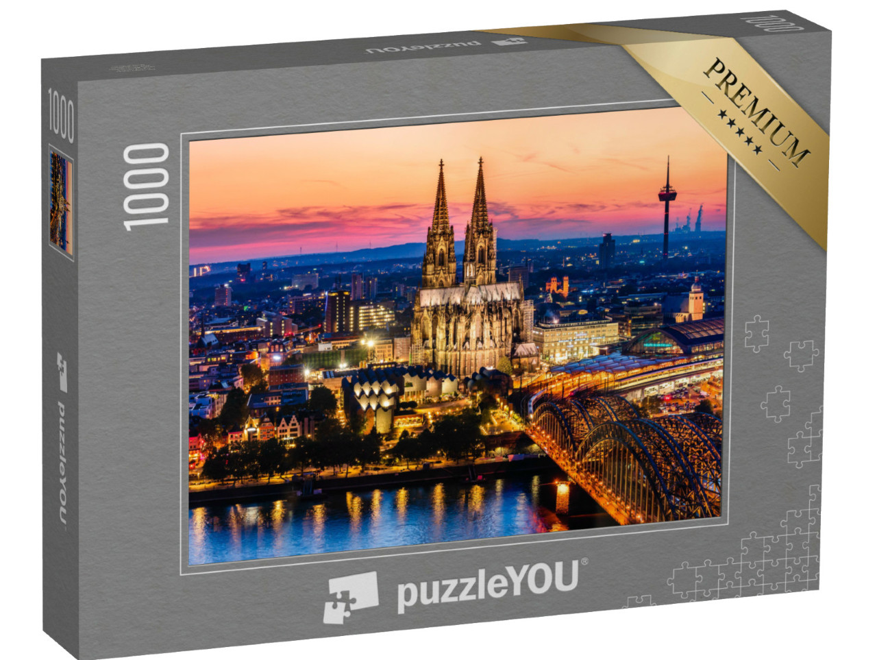 Puzzle de 1000 pièces « Panorama nocturne de la cathédrale de Cologne, du pont Hohenzollern et du Rhin »