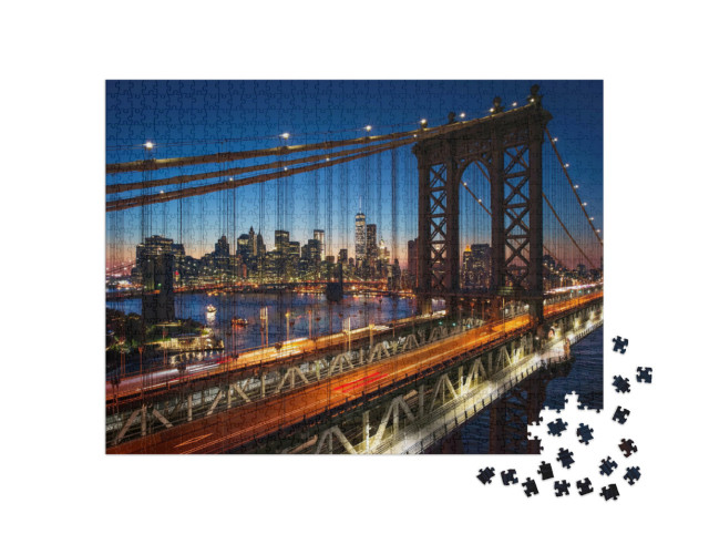 Puzzle de 1000 pièces « Coucher de soleil sur Manhattan avec le pont de Brooklyn, États-Unis »