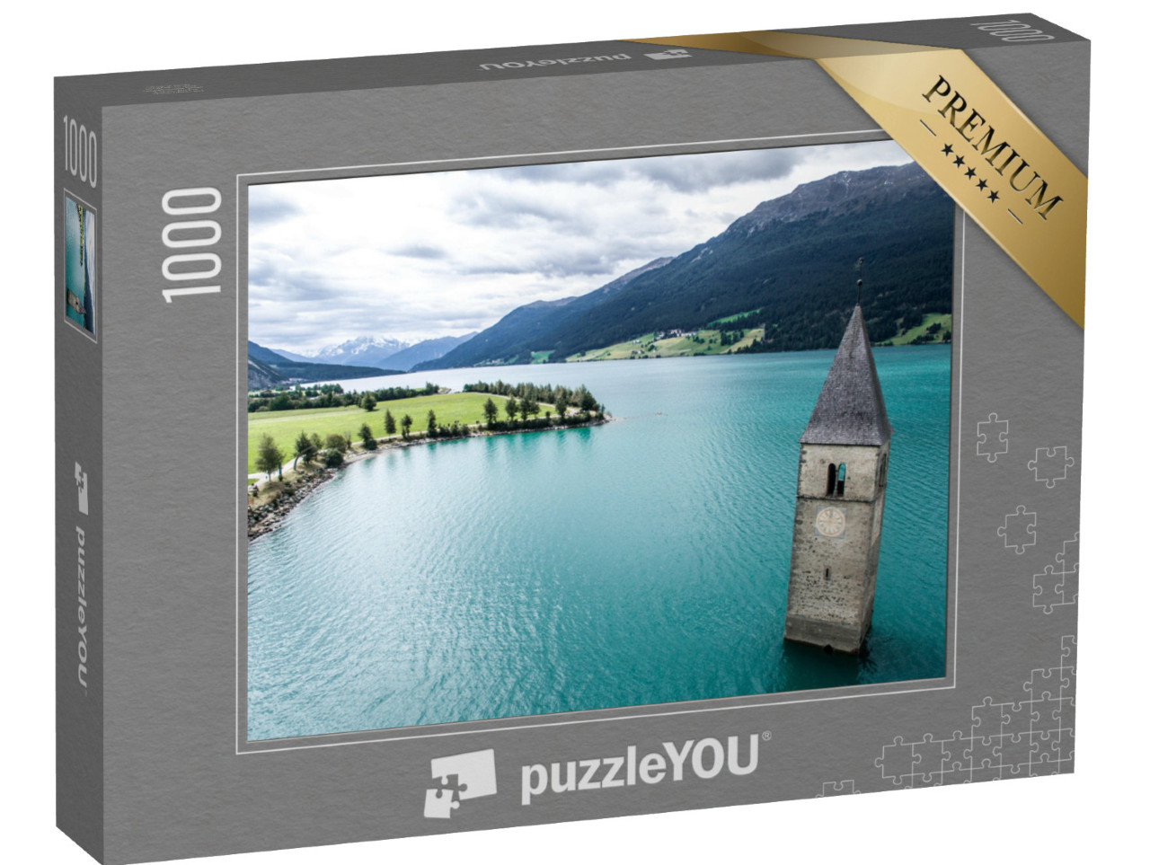 Puzzle de 1000 pièces « Col de Resia entre l'Italie et l'Autriche, paysage avec une tour dans le lac de Resia »