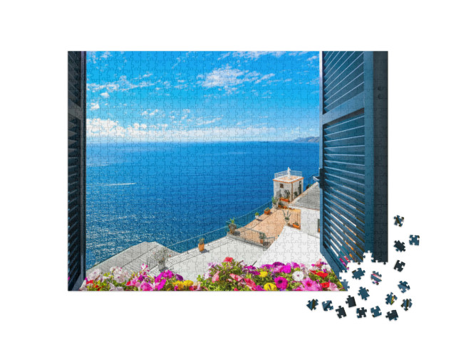 Puzzle de 1000 pièces « Vue de la fenêtre sur la Méditerranée, Sorrente, Italie »