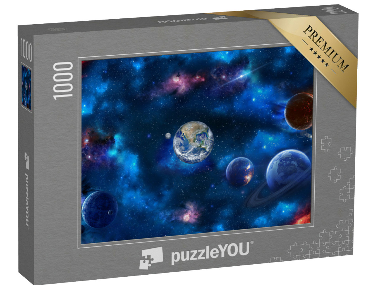 Puzzle de 1000 pièces « Scène de l'espace avec planètes, étoiles et galaxies en haute résolution »