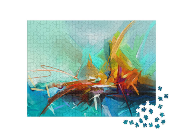 Puzzle de 1000 pièces « Tableau semi-abstrait d'un paysage, peinture à l'huile en jaune, rouge et bleu »