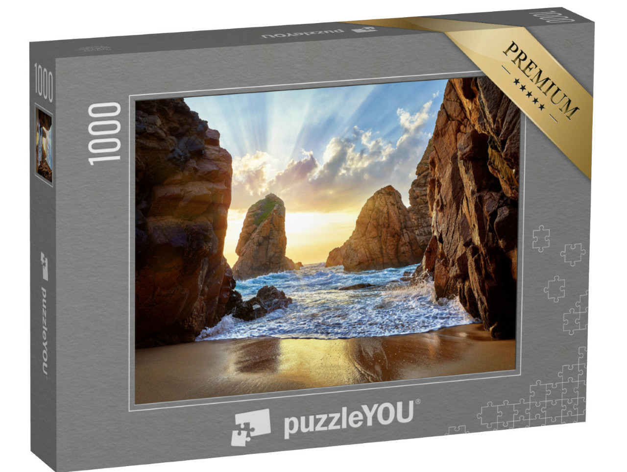 Puzzle de 1000 pièces « Plage de sable entre des rochers le soir, Cap Roca, Portugal »