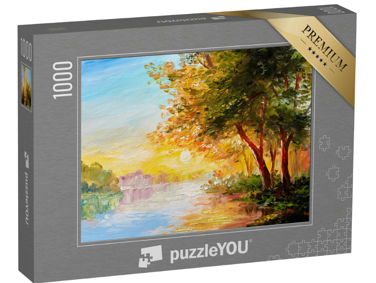 Puzzle de 1000 pièces « Peinture à l'huile : Vieux arbres au bord de la rivière »