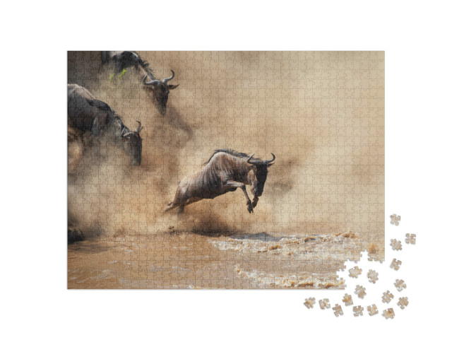 Puzzle de 1000 pièces « Gnous sauvages traversant une rivière »