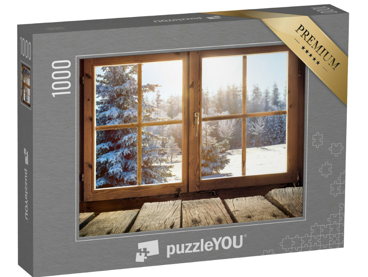 Puzzle de 1000 pièces « Vue sur la forêt hivernale enneigée à travers une fenêtre de cabane »