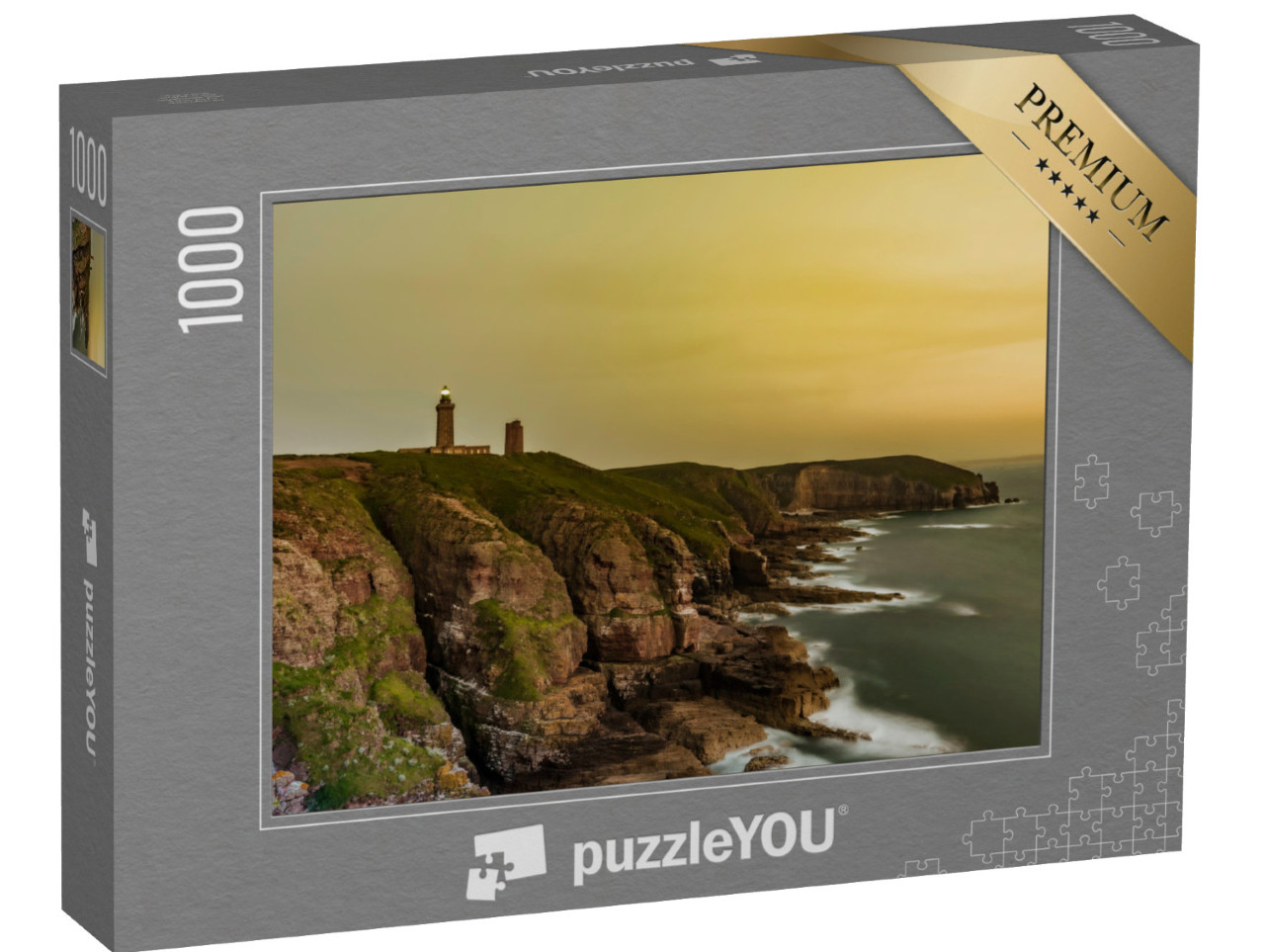 Puzzle de 1000 pièces « Phare du Cap Fréhel, dans les Côtes d'Armor, au coucher du soleil. »
