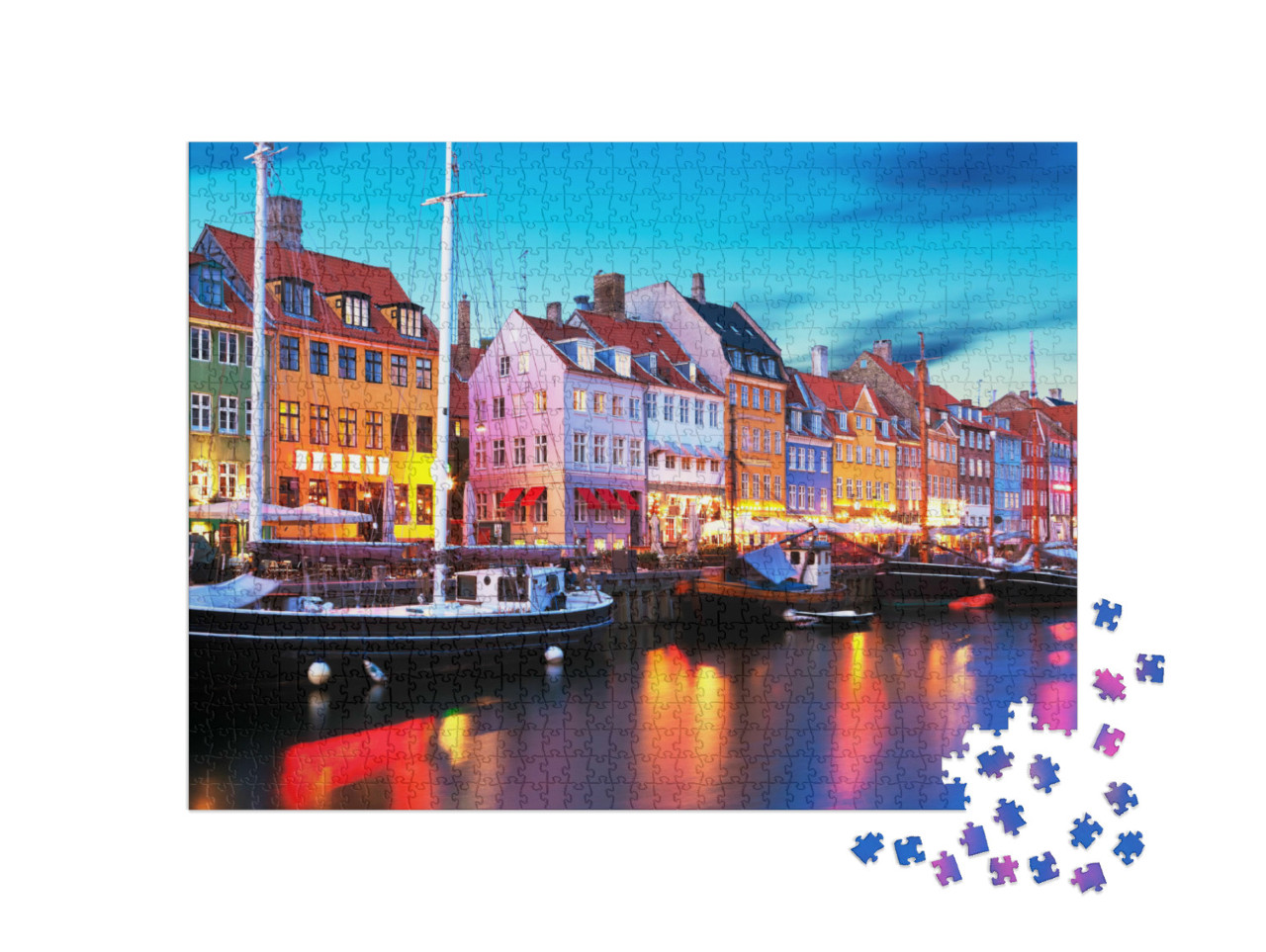 Puzzle de 1000 pièces « Panorama du soir sur la jetée de Nyhavn, Copenhague, Danemark »