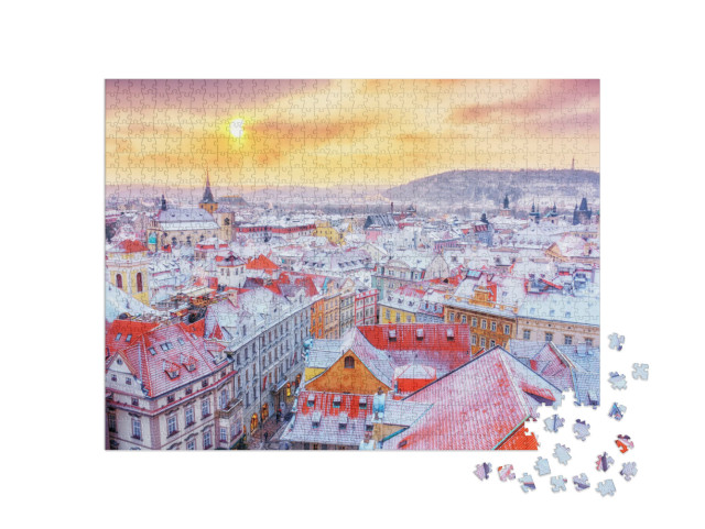 Puzzle de 1000 pièces « Prague à Noël : vue sur les toits enneigés »