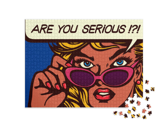 Puzzle de 1000 pièces « Style Pop Art BD - femme sceptique avec lunettes de soleil »