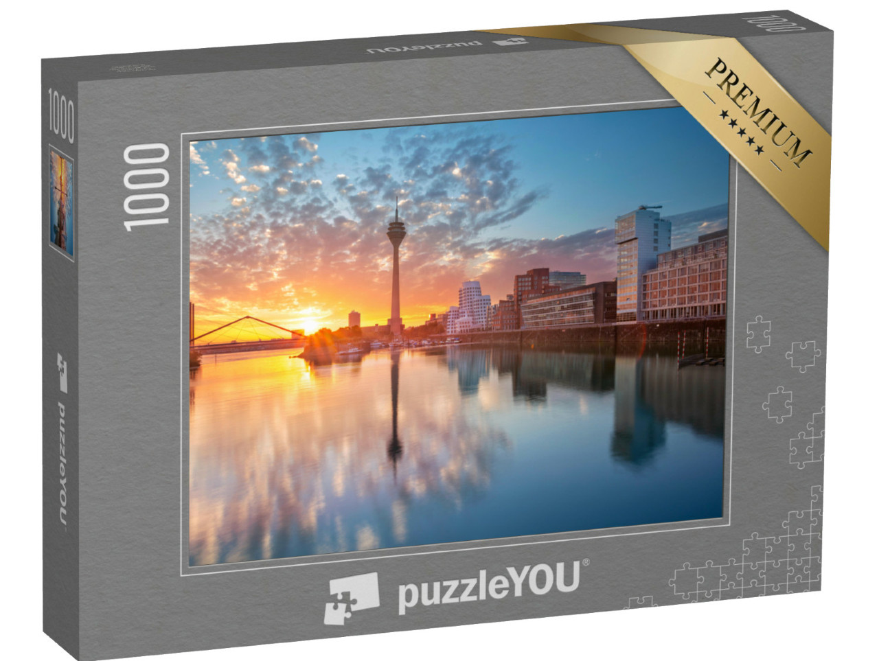 Puzzle de 1000 pièces « Coucher de soleil sur le Mediahafen à Düsseldorf, Rhénanie-du-Nord-Westphalie »