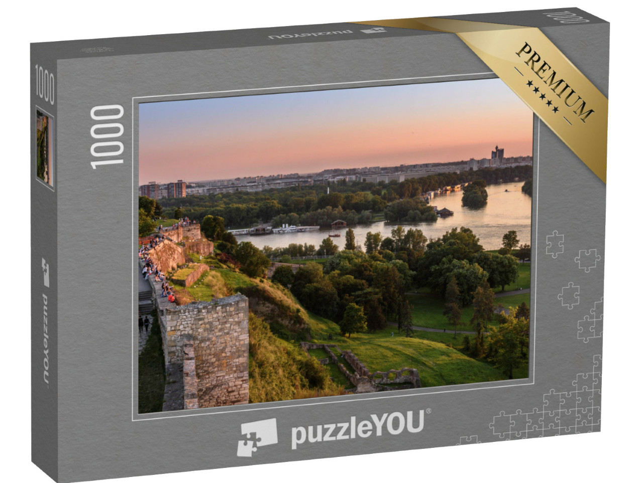 Puzzle de 1000 pièces « Coucher de soleil à la tour Kalemegdan de Belgrade sur la rivière Sava »