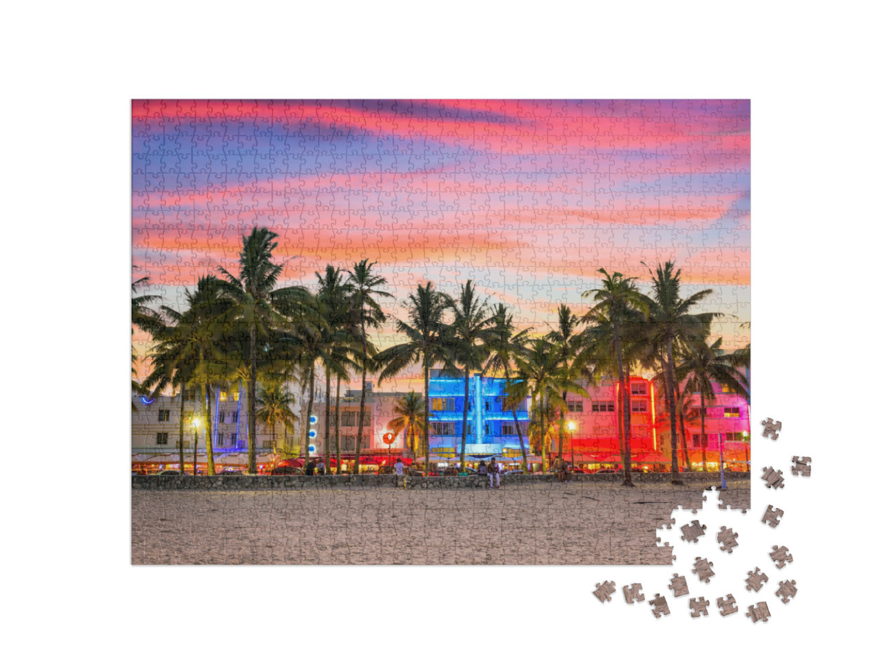 Puzzle de 1000 pièces « Ocean Drive au coucher du soleil, Miami Beach, Floride, États-Unis »
