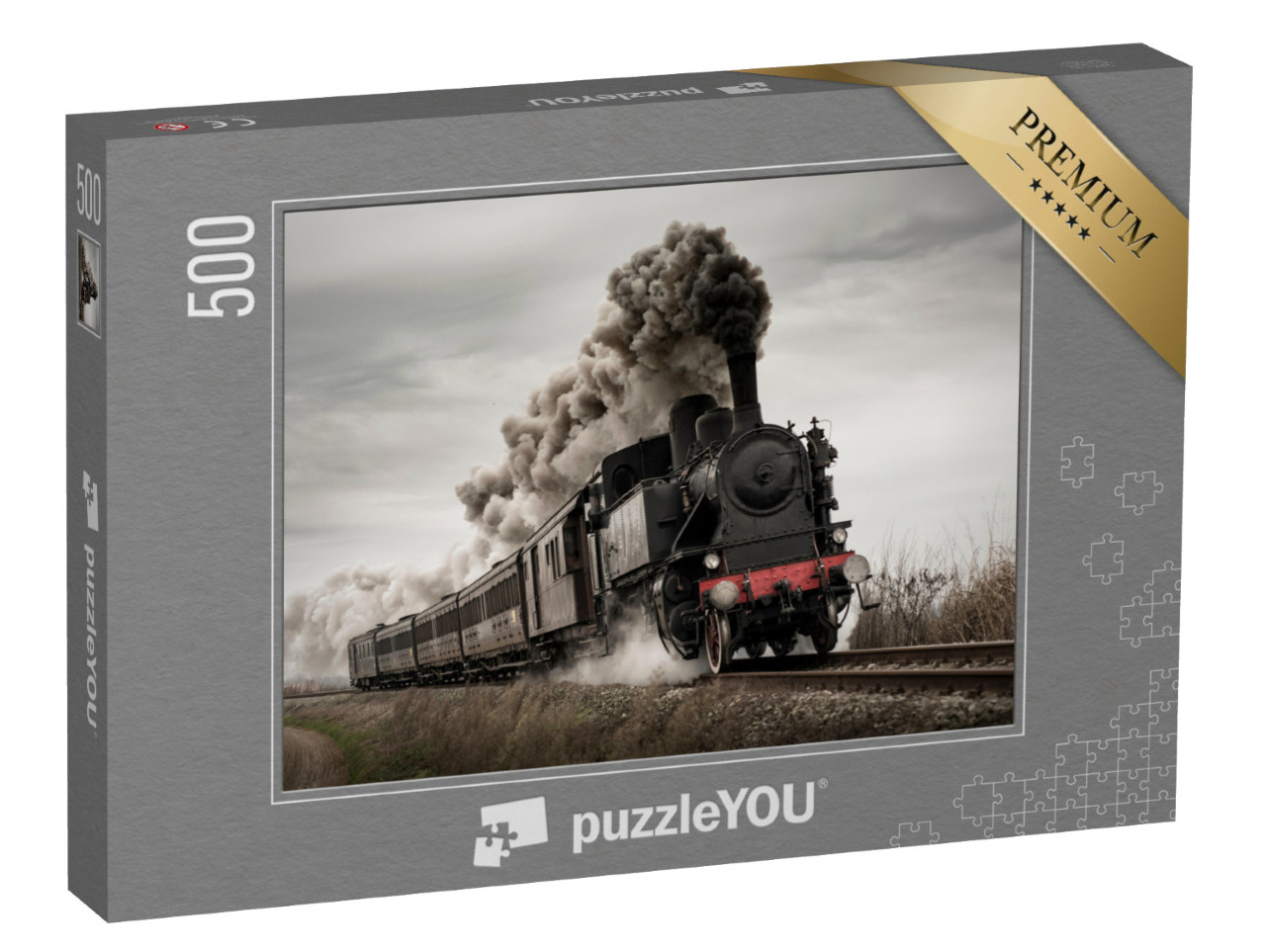 Puzzle de 500 pièces « Train à vapeur oldtimer avec vieille locomotive et vieux wagons »