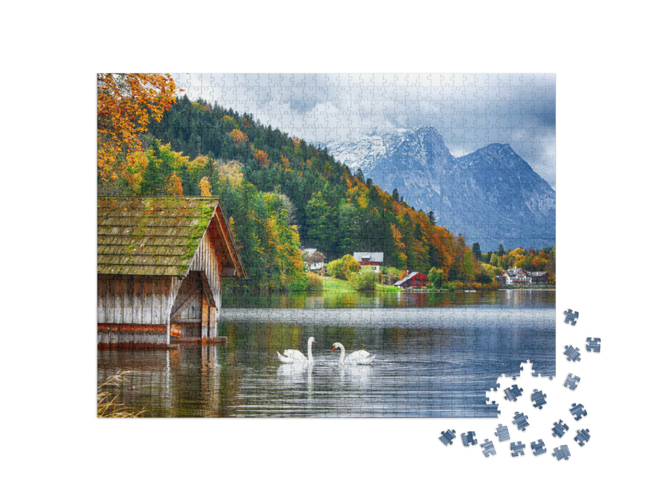 Puzzle de 1000 pièces « Deux cygnes blancs sur le lac Grundlsee, Styrie, Autriche »