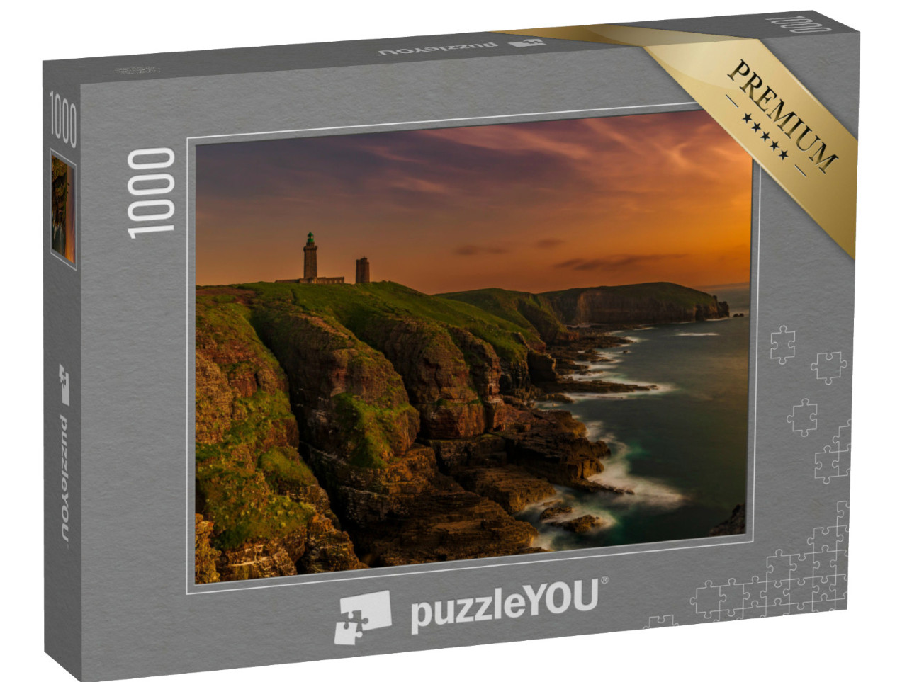 Puzzle de 1000 pièces « Paysage du phare du Cap Fréhel dans les Côtes d'Armor. Coucher de soleil sur le Cap Fréhel. »