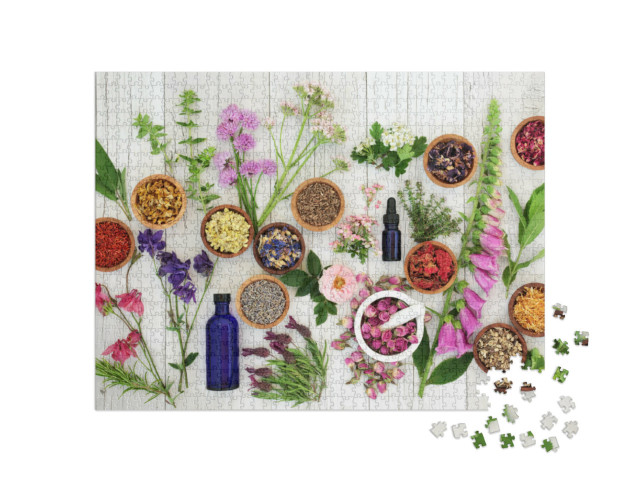 Puzzle de 1000 pièces « Sélection d'herbes et de fleurs dans des coupes en bois »