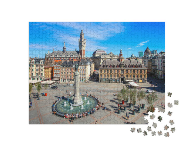 Puzzle de 1000 pièces « Ville de Lille (Nord de la France) - place principale avec clocher et "Vieille Bourse »