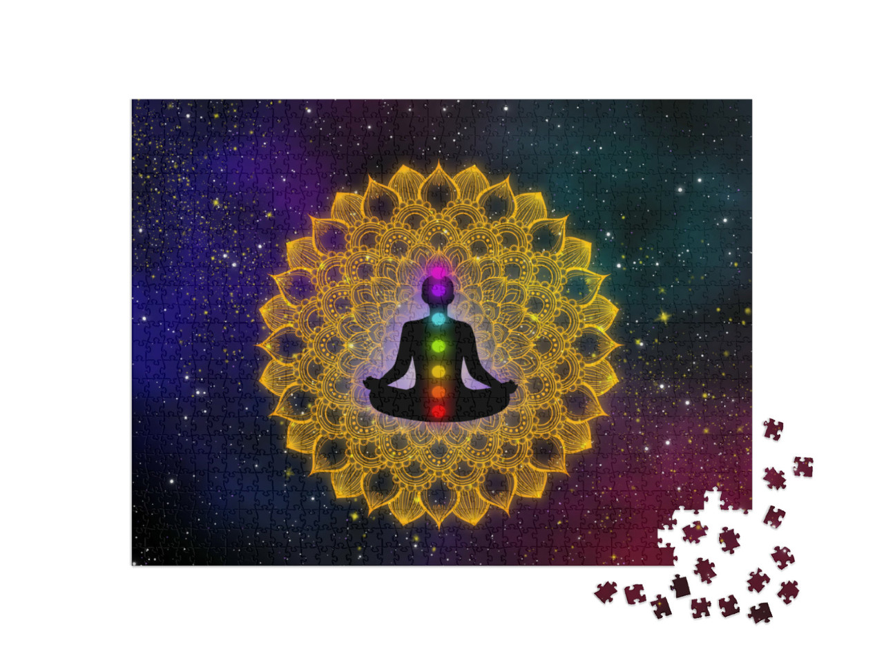 Puzzle de 1000 pièces « Homme et ses sept chakras sur mandala or de luxe »