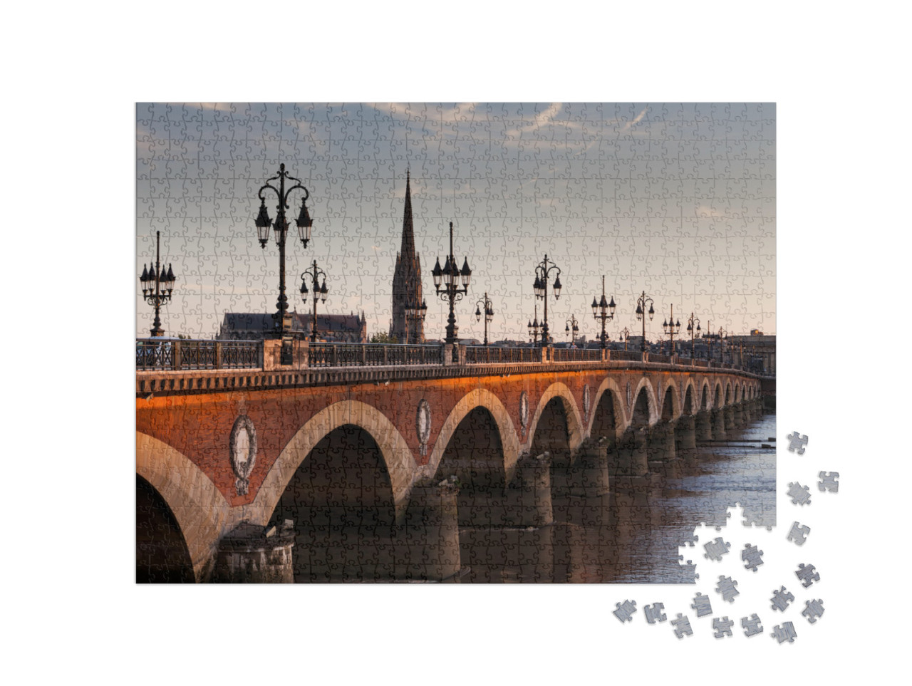 Puzzle de 1000 pièces « Vue sur le Pont de pierre au coucher du soleil dans la célèbre région viticole de Bordeaux, France »