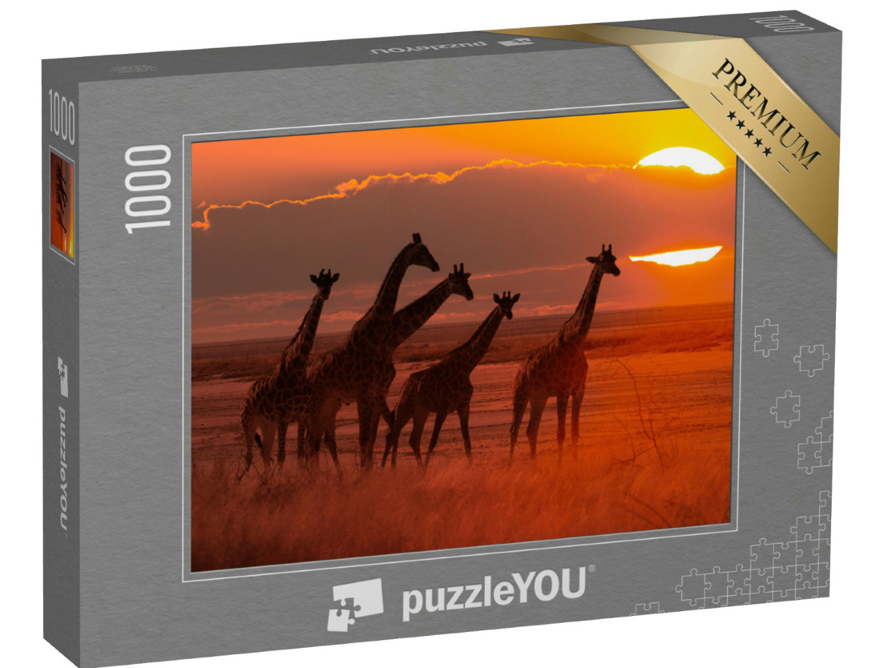 Puzzle de 1000 pièces « Troupeau de girafes au coucher du soleil, savane en Afrique »
