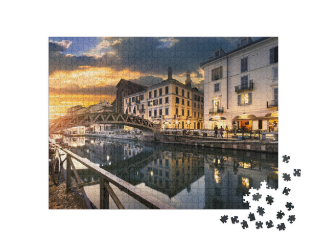 Puzzle de 1000 pièces « Pont sur le canal Naviglio Grande le soir, Milan, Italie »