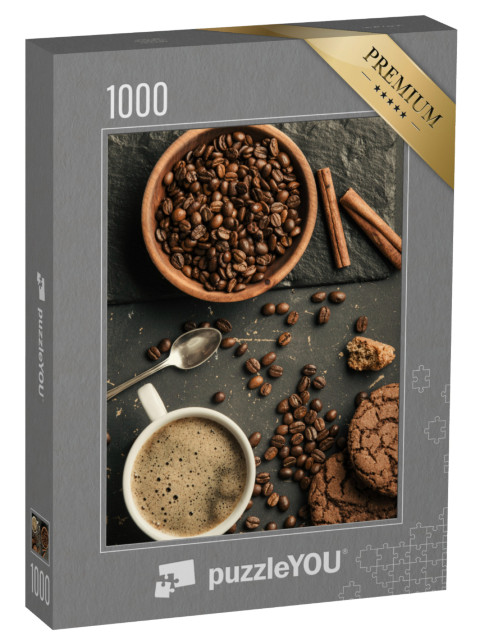 Puzzle de 1000 pièces « Ensemble de grains de café torréfiés, de café et de biscuits »