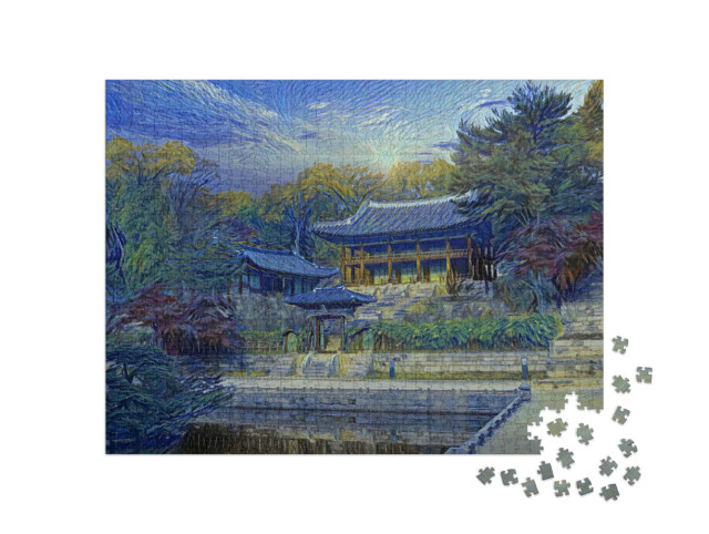 Puzzle de 1000 pièces « dans le style artistique de Van Gogh, Nuit étoilée - Automne au Palais Changdeokgung à Séoul Corée du Sud »