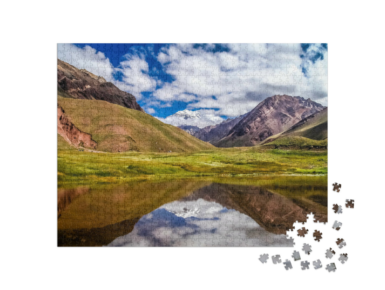 Puzzle de 1000 pièces « Aconcagua, le plus haut sommet d'Amérique du Sud devant un lac, Argentine »