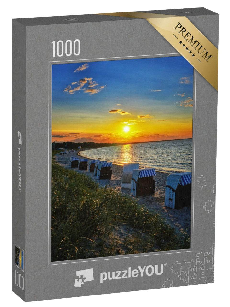 Puzzle de 1000 pièces « Chaises de plage et coucher de soleil à Glowe »