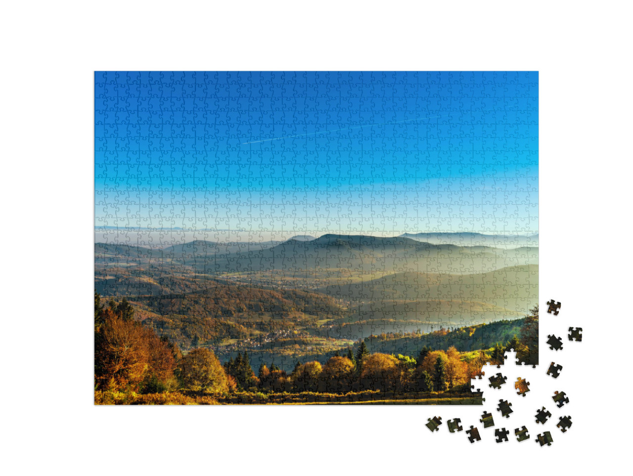 Puzzle de 1000 pièces « Vue aérienne de montagnes automnales colorées, coucher de soleil brumeux, Vosges, Alsace, France »
