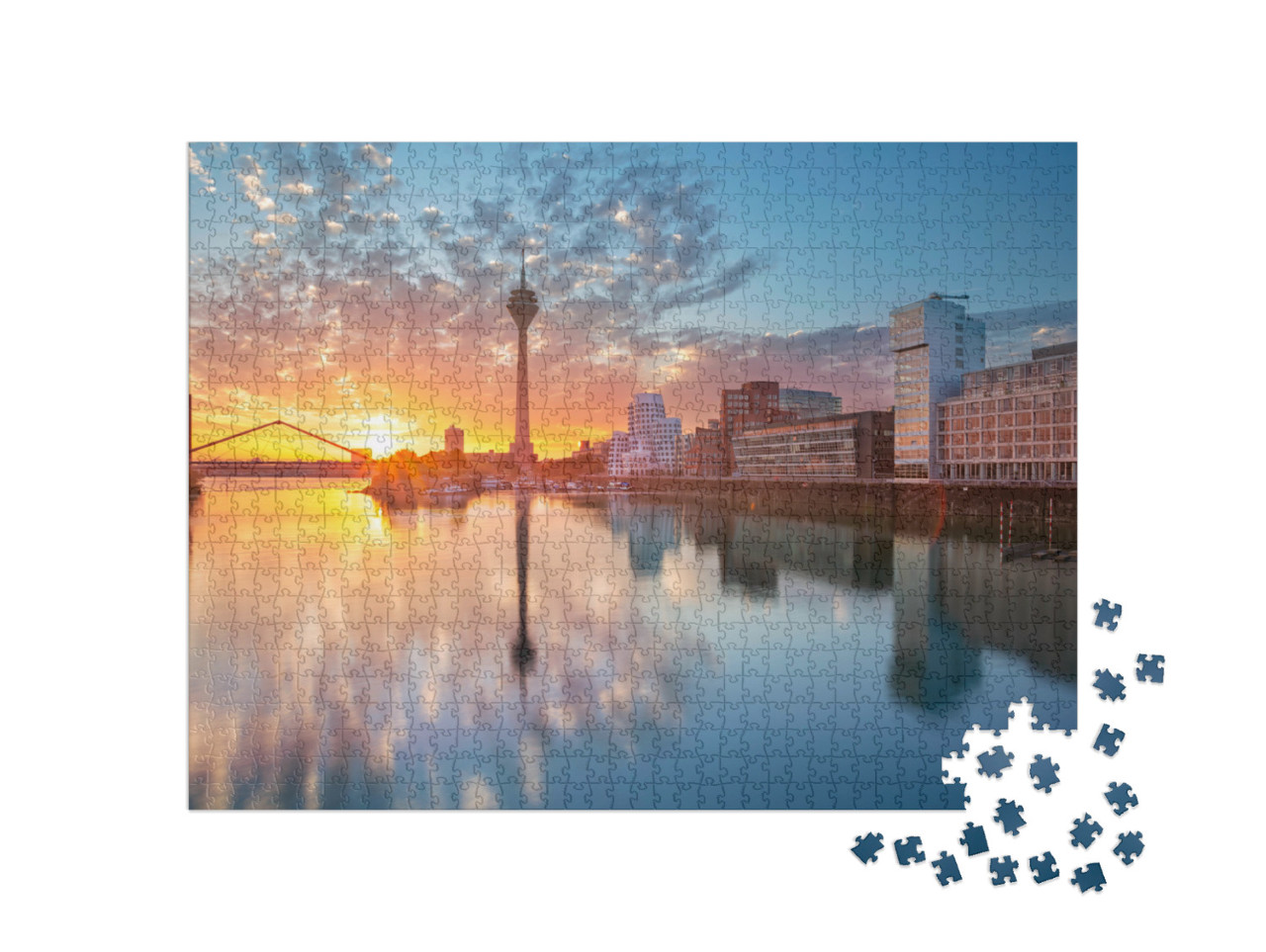 Puzzle de 1000 pièces « Coucher de soleil sur le Mediahafen à Düsseldorf, Rhénanie-du-Nord-Westphalie »