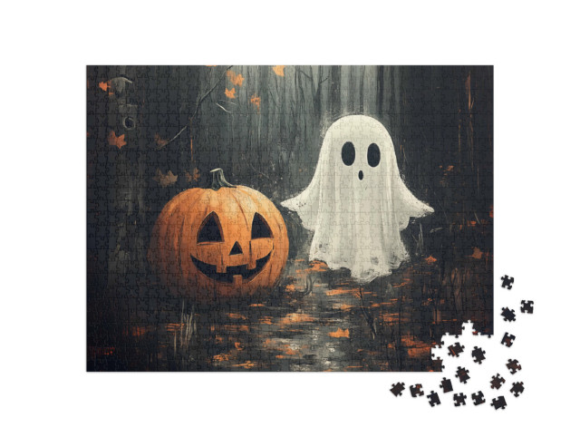 Puzzle de 1000 pièces « Deux amis à Halloween, citrouille et fantôme »